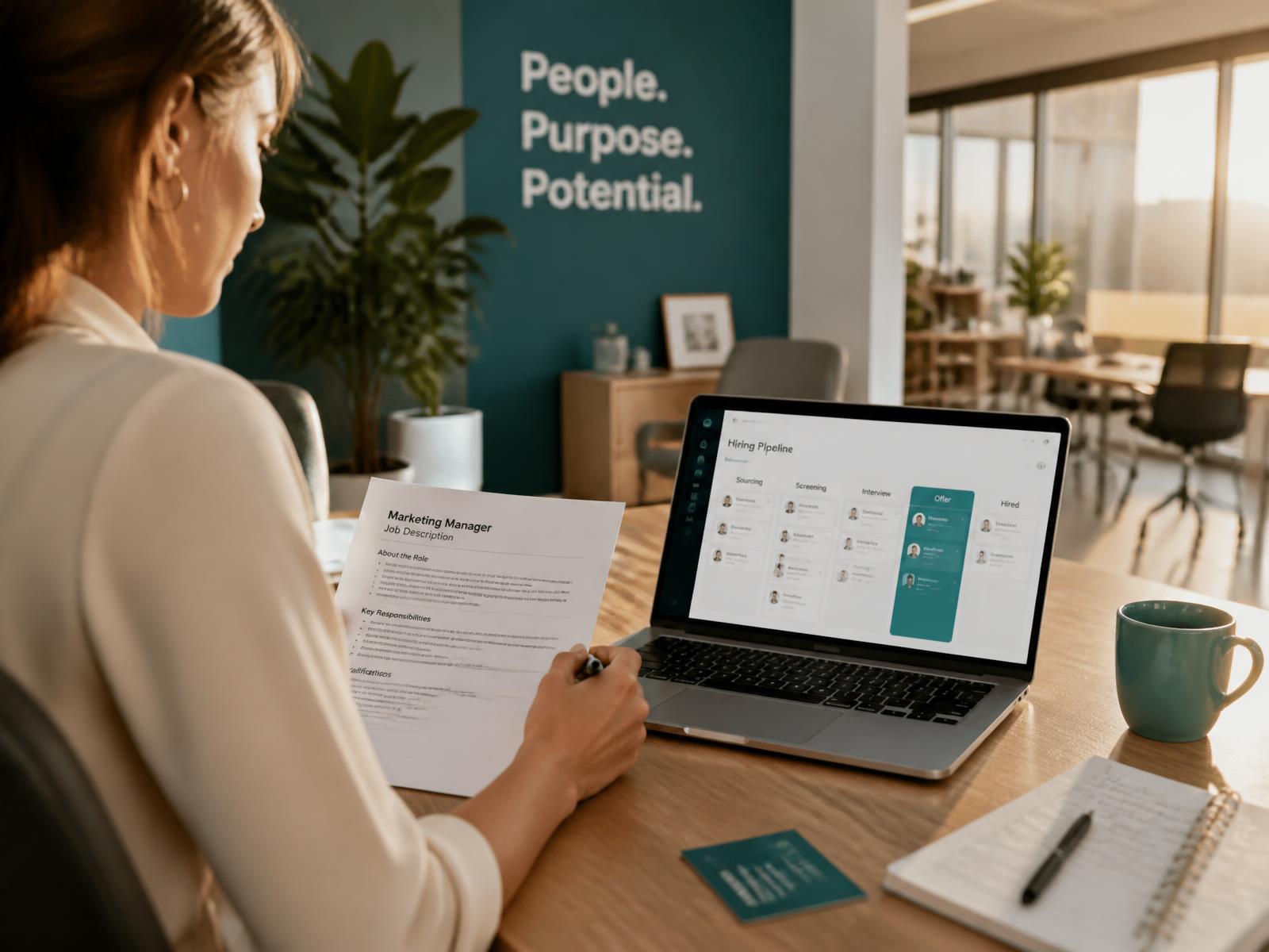 Recruiter reviewing a job description beside a hiring pipeline on a laptop in a bright office
